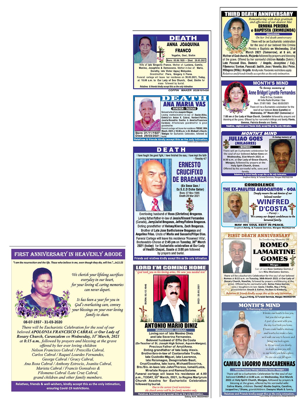 30-03-2021 Day Obituaries - Herald Goa
